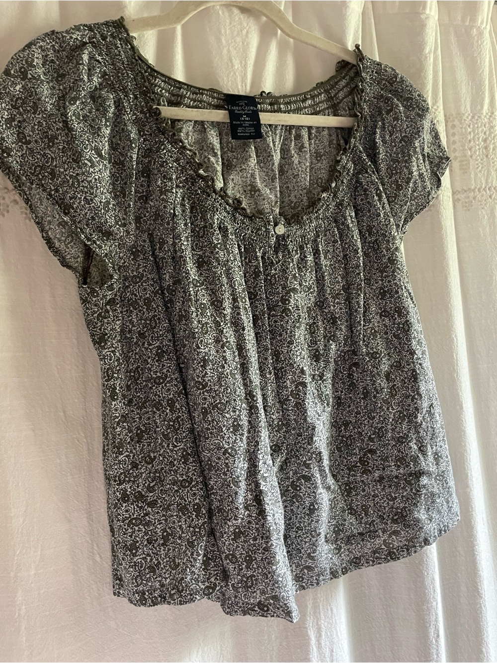 Vintage green and white Floral Print Peasant Blouse